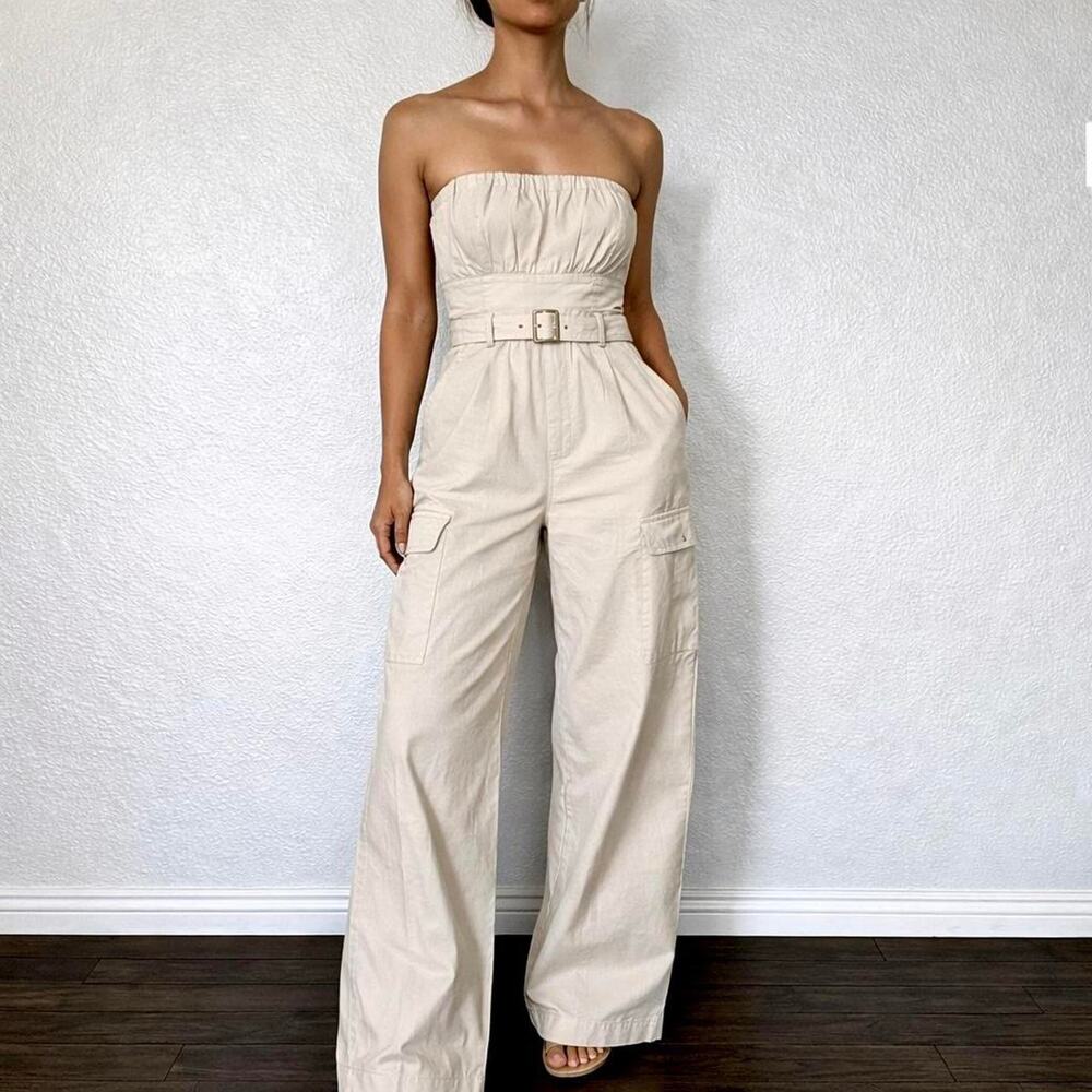 Vintage European Cream Strapless Cargo Cotton Jumpsuit Size XS Lagenlook Coastal